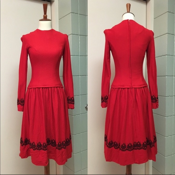 Vintage Dresses & Skirts - Vintage red wool embroidered dress